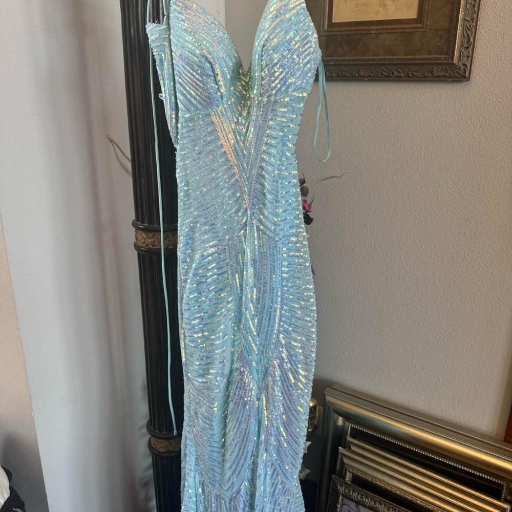 Windsor Blue Sequin Prom Dress with Plunging Neckline - Picture 2 of 11